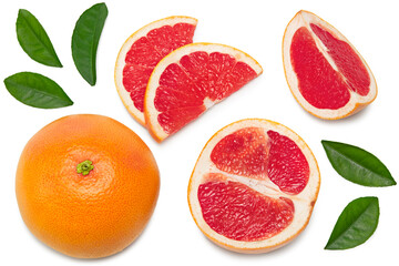 grapefruit with slices and green leaves isolated on white background top view. clipping path
