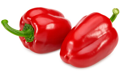 two red sweet bell peppers isolated on white background. clipping path