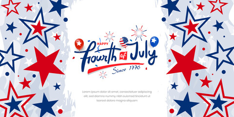 Obraz premium Celebrating happy fourth of July since 1776 custom lettering, typography design with balloons, fireworks on watercolor with red blue color stars background promotional advertising banner template. 
