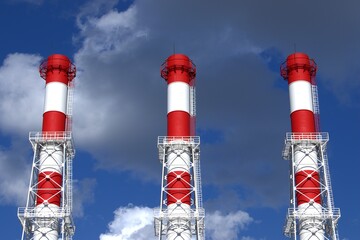 Red and white boiler room pipes against the sky