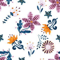 Watercolor spring flowers orange and purple pattern