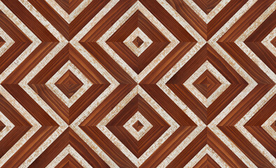Seamless wooden background with square pattern. Vintage brown and white parquet floor texture.