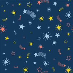 Lovely shooting stars meteor shower vector seamless pattern.