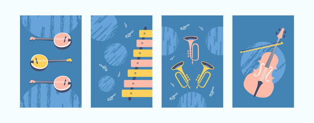 Bright illustration set with music instruments. Collection of music instruments. Guitar, xylophone, pipe and violin on blue background. Art concept for banners, website design © PCH.Vector