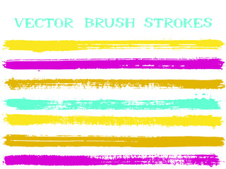 Blue yellow pink ink brush strokes isolated design elements. Set of paint lines.
