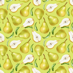 Seamless pattern of watercolor pears and green leaves