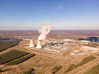 Nuclear power plant, Cooling tower of Atomic nuclear power station. Industrial zone with nuclear...