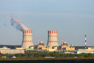 Nuclear power plant production clean energy from source renewable energy. Industrial zone with...