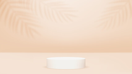 Stages or cylinder platforms or pedestals. Palm leaves on the wall