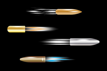 3d shot on dust black background. Flying bullets black background in realistic style. Vector illustration. Stock image.