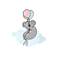 Cute sketch hand drawn color pencil gray koala with color balloons illustration. Bright cartoon childish funny animal for kids print design, textile decoration, greeting cards, print, stickers, logo