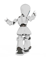 robot girl is dancing in white background rear view