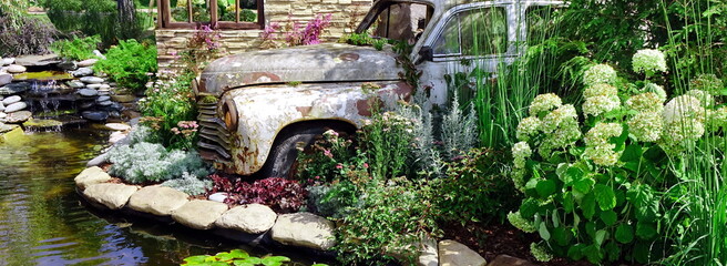 Modern Landscaped Backyard Garden with Small Artificial Pond from PVC and Old Car as Designed...