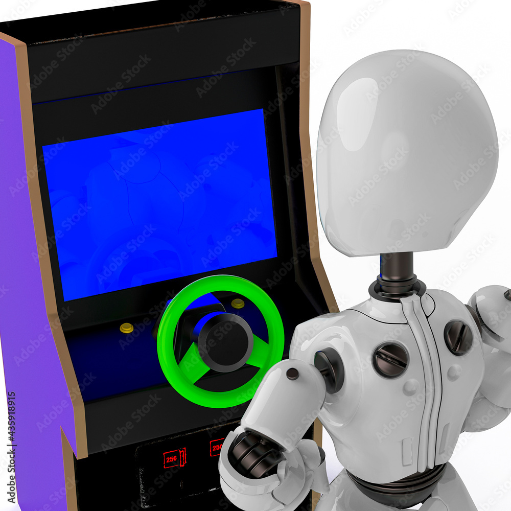 Wall mural robot gir lwith a retro arcade videogame cabinet driving in white background close up view