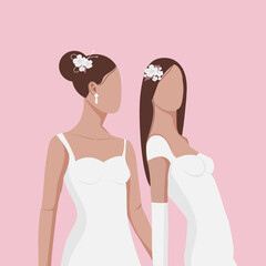 Lesbian couple. Homosexual romantic partners on a wedding, The concept of love, passion and homosexuality. Lesbian in wedding dresses. Vector illustration.