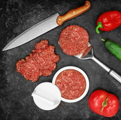 Ingredients for Cheeseburger Cooking. Homemade Fast Food for Family Party, Ingredients for Grill And BBQ. Cheeseburger or Sandwich Raw Classic Ingredient On Black Isolated Background, Top View.
