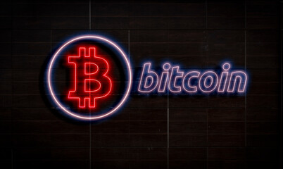bitcoin text and logo neon sign on the wall, abstract crypto currency money  concept