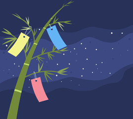 Bamboo trees and Japanese Tanabata star festival holiday decoration on starry dark night - obrazy, fototapety, plakaty