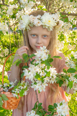 A girl sniffs a beautiful white apple tree, spring in the midst of the flowering of the apple tree is beautiful garden in hair, park people nature beauty tree, model blossom. blooming cute woman