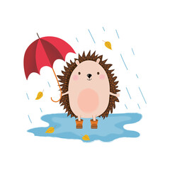Cute hengehog with umbrella in the autumn rain. Animal cartoon character. Vector illustration.