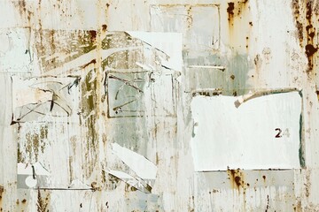 Old Billboard with Torn Posters. Dirty Street Wall with Crumpled, Wrinkled, Creased, Worn and Torn Posters. Abstract Vintage Background and Texture.