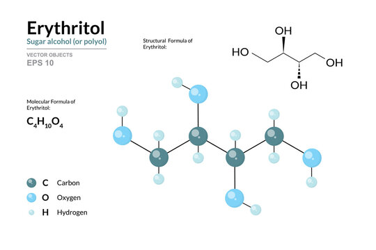 Erythritol. Food Additive and Sugar Substitute. Sugar alcohol (or polyol). C4H10O4. Structural Chemical Formula and Molecule 3d Model. Atoms with Color Coding. Vector Illustration