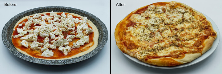 Process of cooking homemade Italian Pizza Margherita - Before and After