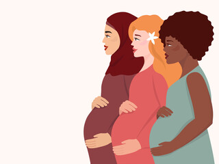 Several young pregnant women stand in profile and hold their large bellies. The concept of motherhood, equality, and family. Vector graphics.