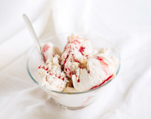 Vanilla ice cream with chocolate chip cookies, chocolate chips and caramel, strawberry or raspberry sauce.