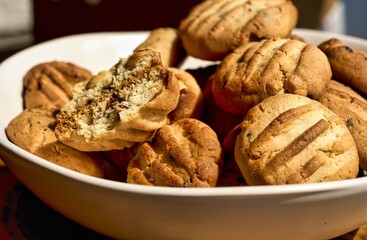Homemade cookies with nuts, wood background, selective focus. High quality photo