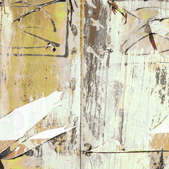 Grunge Frame Background with Old Torn Posters. Urban Graffiti Wall Texture. Old Grunge Ripped Torn Posters and Ads Street Background and Texture. Grungy Urban Wallpaper. Vintage City Billboard.