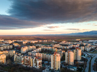 Fototapeta na wymiar Aerial Sunset view of Typical residential building in Plovdiv, Bulgaria