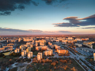 Aerial Sunset view of Typical residential building in Plovdiv, Bulgaria