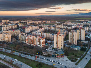Aerial Sunset view of Typical residential building in Plovdiv, Bulgaria