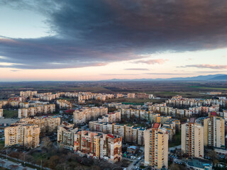 Aerial Sunset view of Typical residential building in Plovdiv, Bulgaria