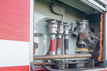 Fire brigade on the road. Fire extinguishing.