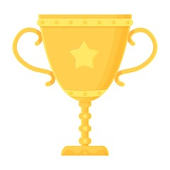 Cartoon winner cup object. Golden trophy with crown. Prize, success, competition, achievement, congratulations concept. Stock vector element isolated on white background in flat style.