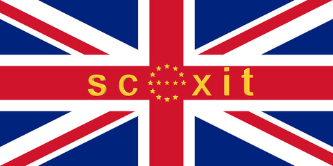 Scexit. Scottish INDEPENDENCE. Referendum request. Social conflict about the possibility of Scotland leave the UK and rejoin the EU. The letter E with the stars of the European Union.