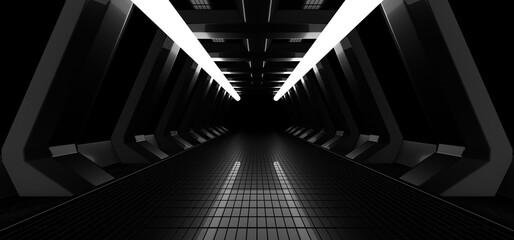 A dark tunnel lit by white neon lights. Reflections on the floor and walls. 3d rendering image.