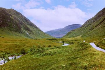 Fototapeta na wymiar Glen Etive in the Scottish Highlands, a famous movie location for the James Bond movie 