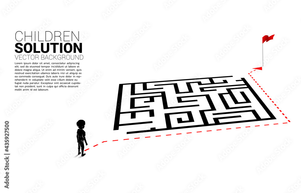 Poster silhouette of boy with route path go around the maze to goal. concept of education solution and futu