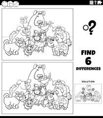 differences game with cartoon dogs coloring book page