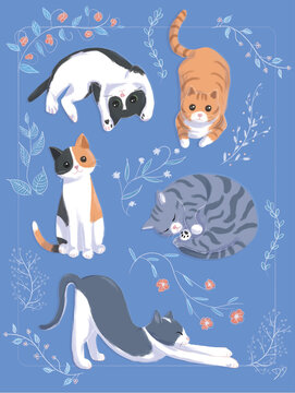 Colourful cats with flowers