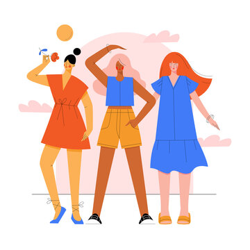 Group of diverse young modern women figures standing in the sun in trendy outfits. Summer season vacation concept. Hand drawn girl characters colorful vector illustration.