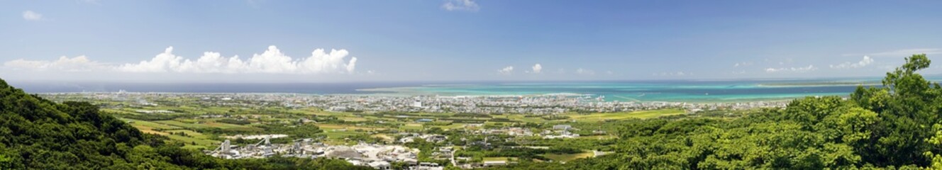 Okinawa,Japan - May 24, 2021: Panoramic view of Ishigaki City and Ishigaki port, Okinawa, Japan,...