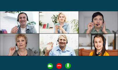 Fototapeta na wymiar Family chatting distantly using video conferencing service. online virtual chat, relatives glad to see adorable child, enjoying group call