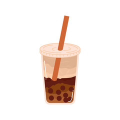 Boba. Bubble Milk Tea drink. Sweet drink with the taste of fresh Tea milk and liquid chocolate added with Taiwan pearl. A drink with a flat Plastic cup. Vector and illustration.
