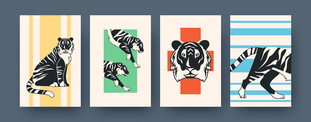 Set of contemporary art posters with wild cat silhouettes. Vector illustration. .Collection of feline predators in colorful background. Africa, animal, wildlife, cat, jungle concept for media design