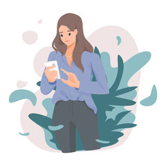 character business woman using and showing smartphones devices for social media, Internet, and calling, Flat vector cute cartoon illustration