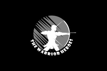 Hero and Warrior silhouette with moon background. Muscular Myth Greek Archer Warrior Silhouette Logo design. Hercules Heracles with Bow Longbow Arrow. 